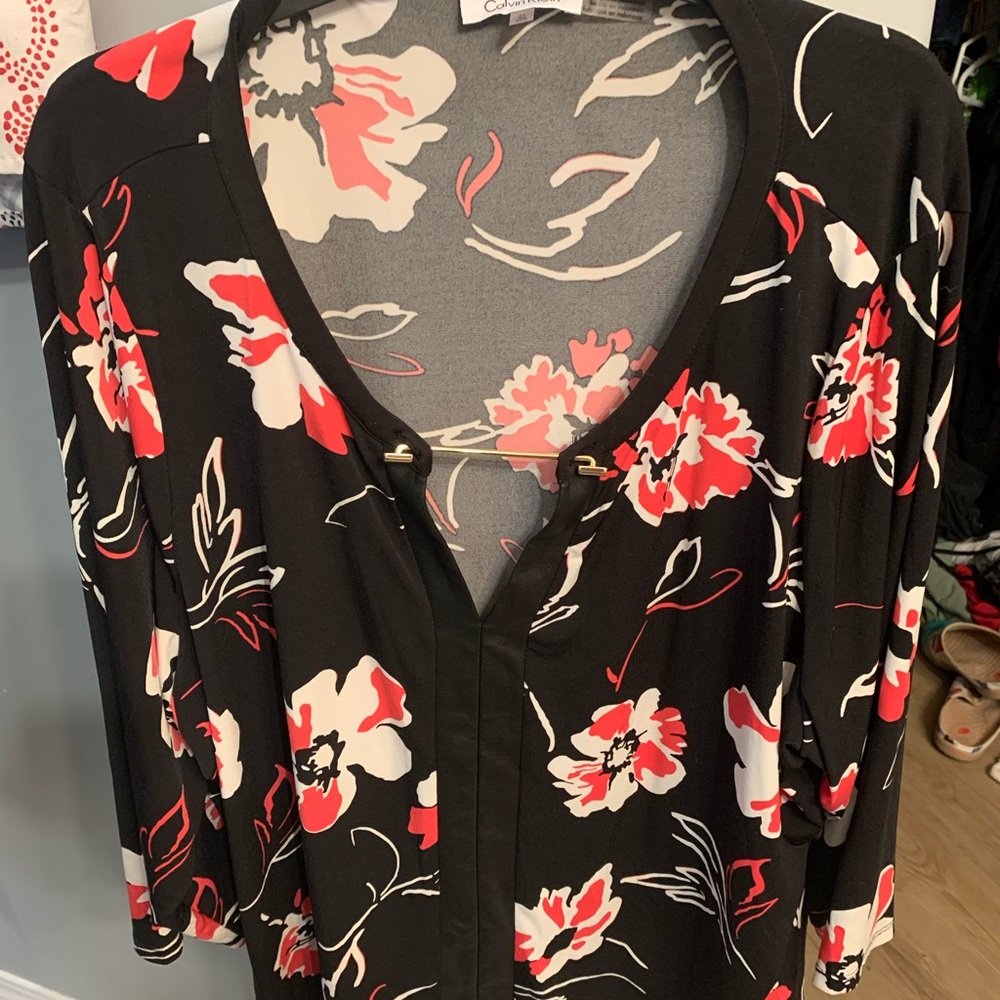 Calvin Klein tunic poly/ spandex with faux leather trim